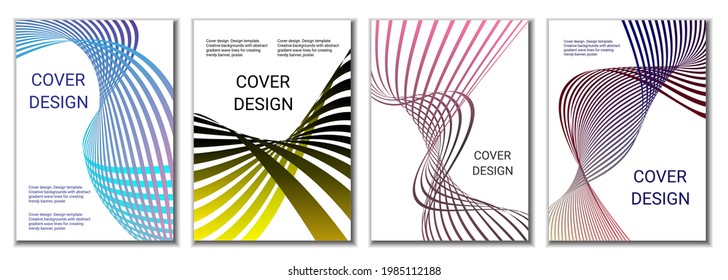A set of 4 abstract covers. Wavy parallel gradient lines, ribbons evolve. Cover design, background. Trendy banner, poster.