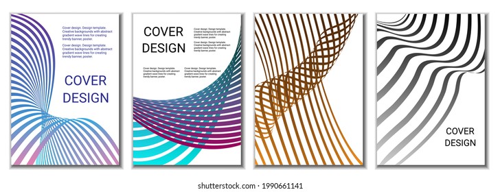 A set of 4 abstract covers. Wavy parallel gradient lines, ribbons evolve. Cover design, background. Trendy banner, poster.