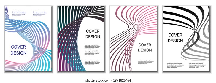 A set of 4 abstract covers. Wavy parallel gradient lines, ribbons evolve. Cover design, background. Trendy banner, poster.