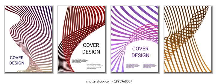 A set of 4 abstract covers. Wavy parallel gradient lines, ribbons evolve. Cover design, background. Trendy banner, poster.