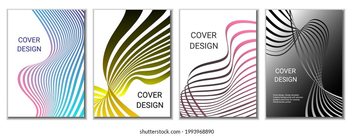 A set of 4 abstract covers. Wavy parallel gradient lines, ribbons evolve. Cover design, background. Trendy banner, poster.