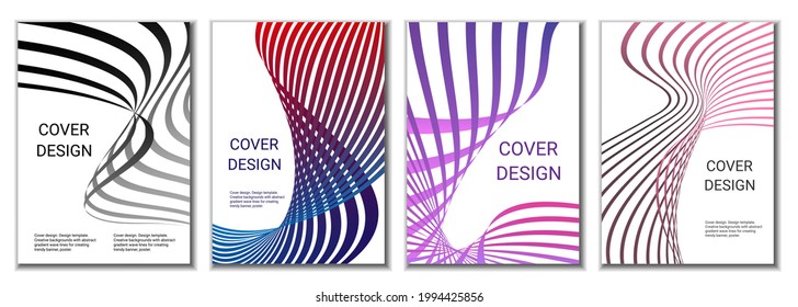 A set of 4 abstract covers. Wavy parallel gradient lines, ribbons evolve. Cover design, background. Trendy banner, poster.