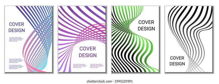 A set of 4 abstract covers. Wavy parallel gradient lines, ribbons evolve. Cover design, background. Trendy banner, poster.