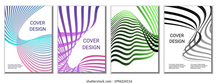 A set of 4 abstract covers. Wavy parallel gradient lines, ribbons evolve. Cover design, background. Trendy banner, poster.