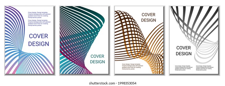 A set of 4 abstract covers. Wavy parallel gradient lines, ribbons evolve. Cover design, background. Trendy banner, poster.