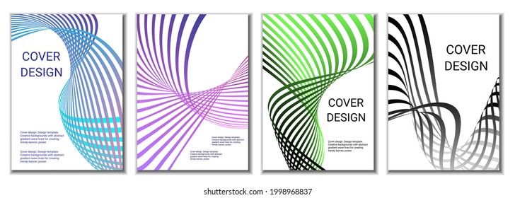 Un conjunto de 4 cubiertas abstractas. Las líneas de gradiente paralelas onduladas, las cintas evolucionan. Diseño de portada, fondo. Pancarta de moda, afiche.