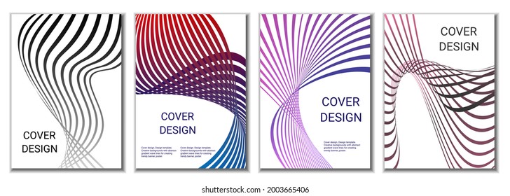 A set of 4 abstract covers. Wavy parallel gradient lines, ribbons evolve. Cover design, background. Trendy banner, poster