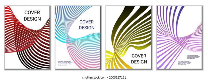 A set of 4 abstract covers. Wavy parallel gradient lines, ribbons evolve. Cover design, background. Trendy banner, poster
