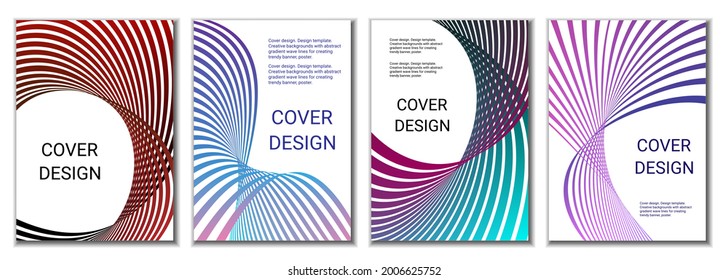 A set of 4 abstract covers. Wavy parallel gradient lines, ribbons evolve. Cover design, background. Trendy banner, poster