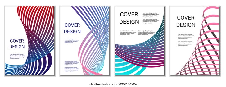 A set of 4 abstract covers. Wavy parallel gradient lines, ribbons evolve. Cover design, background. Trendy banner, poster