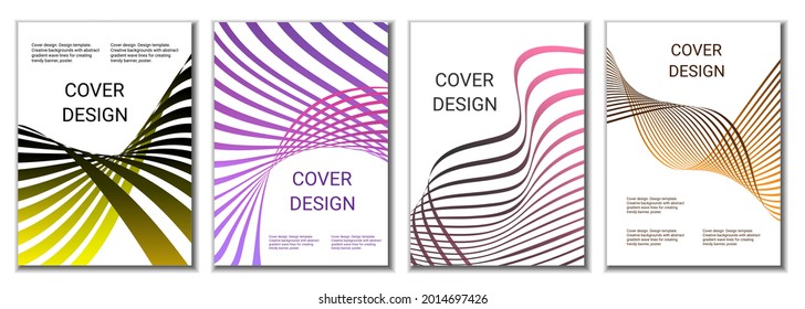 Un conjunto de 4 cubiertas abstractas. Las líneas de gradiente paralelas onduladas, las cintas evolucionan. Diseño de portada, fondo. Pancarta de moda, afiche