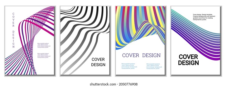 A set of 4 abstract covers. Wavy parallel gradient lines, ribbons evolve. Cover design, background. Trendy banner, poster.