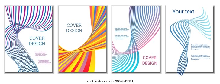 A set of 4 abstract covers. Wavy parallel gradient lines, ribbons evolve. Cover design, background. Trendy banner, poster.