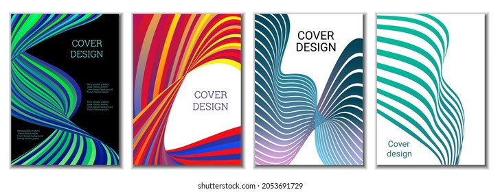 A set of 4 abstract covers. Wavy parallel gradient lines, ribbons evolve. Cover design, background. Trendy banner, poster.