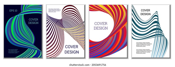 A set of 4 abstract covers. Wavy parallel gradient lines, ribbons evolve. Cover design, background. Trendy banner, poster.