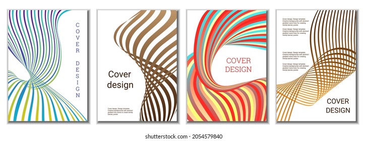 A set of 4 abstract covers. Wavy parallel gradient lines, ribbons evolve. Cover design, background. Trendy banner, poster.