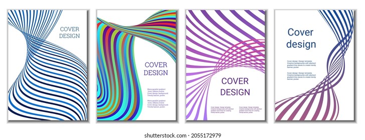 A set of 4 abstract covers. Wavy parallel gradient lines, ribbons evolve. Cover design, background. Trendy banner, poster.