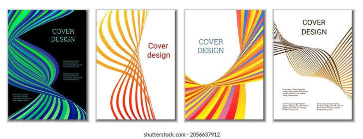 A set of 4 abstract covers. Wavy parallel gradient lines, ribbons evolve. Cover design, background. Trendy banner, poster.