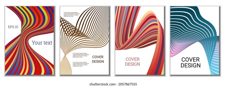 A set of 4 abstract covers. Wavy parallel gradient lines, ribbons evolve. Cover design, background. Trendy banner, poster.