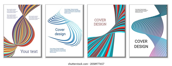 A set of 4 abstract covers. Wavy parallel gradient lines, ribbons evolve. Cover design, background. Trendy banner, poster.