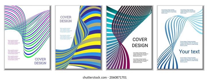 A set of 4 abstract covers. Wavy parallel gradient lines, ribbons evolve. Cover design, background. Trendy banner, poster.