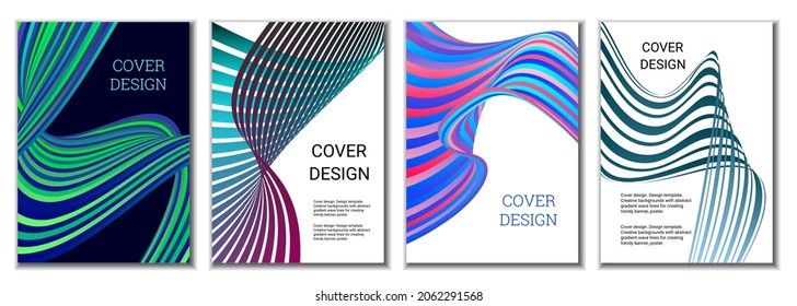 A set of 4 abstract covers. Wavy parallel gradient lines, ribbons evolve. Cover design, background. Trendy banner, poster.