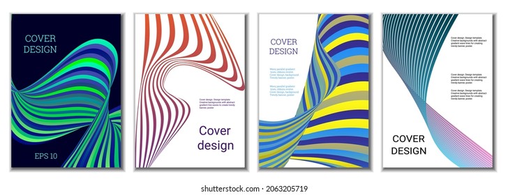 A set of 4 abstract covers. Wavy parallel gradient lines, ribbons evolve. Cover design, background. Trendy banner, poster.