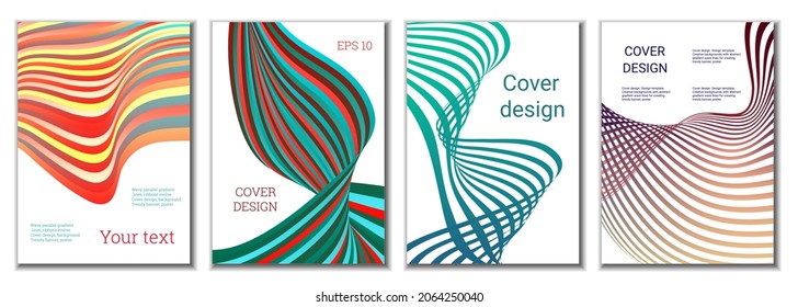 A set of 4 abstract covers. Wavy parallel gradient lines, ribbons evolve. Cover design, background. Trendy banner, poster.