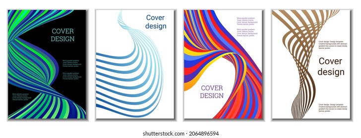 A set of 4 abstract covers. Wavy parallel gradient lines, ribbons evolve. Cover design, background. Trendy banner, poster.