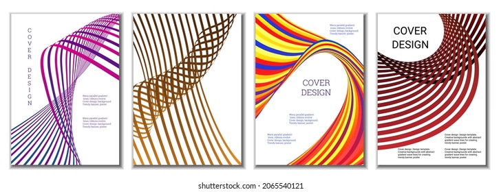 A set of 4 abstract covers. Wavy parallel gradient lines, ribbons evolve. Cover design, background. Trendy banner, poster.
