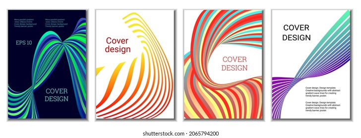 A set of 4 abstract covers. Wavy parallel gradient lines, ribbons evolve. Cover design, background. Trendy banner, poster.