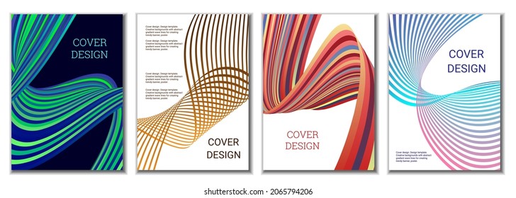 A set of 4 abstract covers. Wavy parallel gradient lines, ribbons evolve. Cover design, background. Trendy banner, poster.