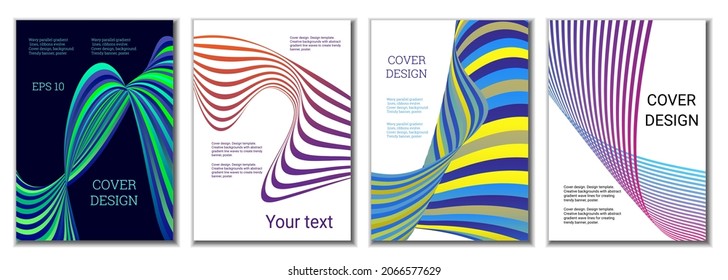 A set of 4 abstract covers. Wavy parallel gradient lines, ribbons evolve. Cover design, background. Trendy banner, poster.