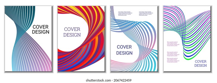 A set of 4 abstract covers. Wavy parallel gradient lines, ribbons evolve. Cover design, background. Trendy banner, poster.