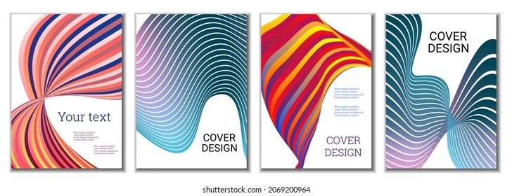 Ein Satz von 4 abstrakten Titelbildern. Weit parallele Farblinien, Bänder entwickeln sich. Cover-Design, Hintergrund. Trendbanner, Poster.