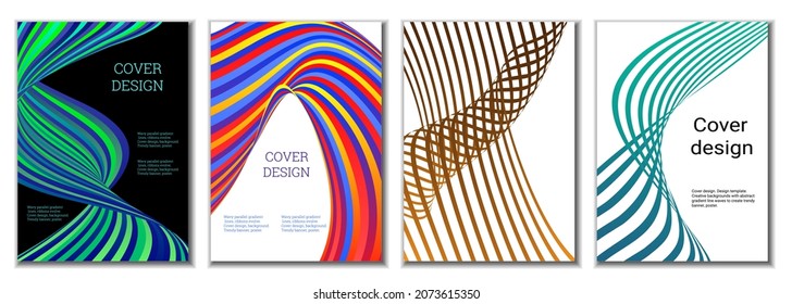 A set of 4 abstract covers. Wavy parallel gradient lines, ribbons evolve. Cover design, background. Trendy banner, poster.