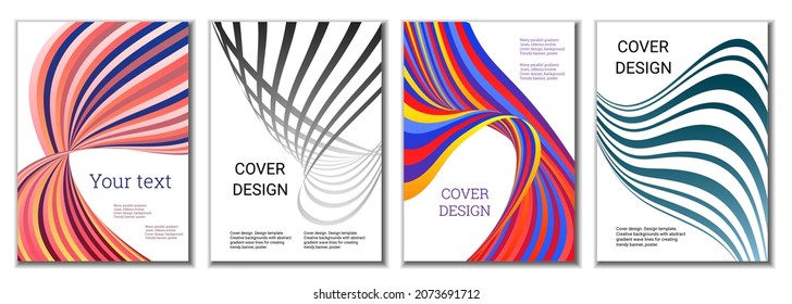A set of 4 abstract covers. Wavy parallel gradient lines, ribbons evolve. Cover design, background. Trendy banner, poster.