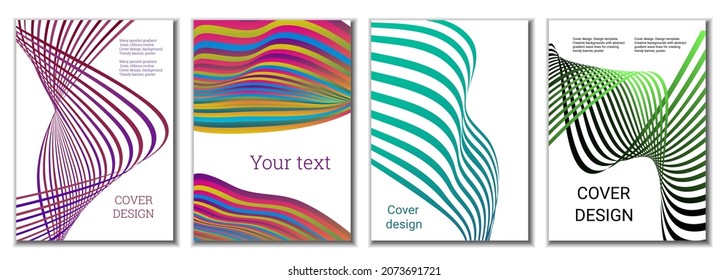 A set of 4 abstract covers. Wavy parallel gradient lines, ribbons evolve. Cover design, background. Trendy banner, poster.