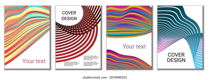 A set of 4 abstract covers. Wavy parallel gradient lines, ribbons evolve. Cover design, background. Trendy banner, poster.