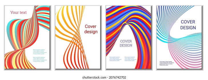 A set of 4 abstract covers. Wavy parallel gradient lines, ribbons evolve. Cover design, background. Trendy banner, poster.