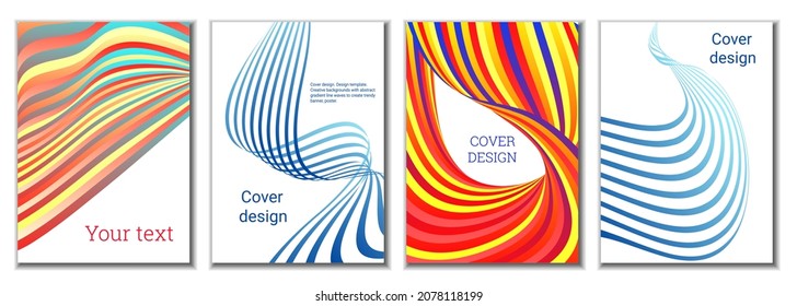 A set of 4 abstract covers. Wavy parallel gradient lines, ribbons evolve. Cover design, background. Trendy banner, poster.