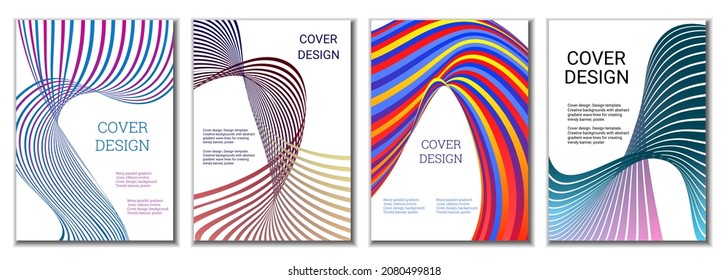 A set of 4 abstract covers. Wavy parallel gradient lines, ribbons evolve. Cover design, background. Trendy banner, poster.