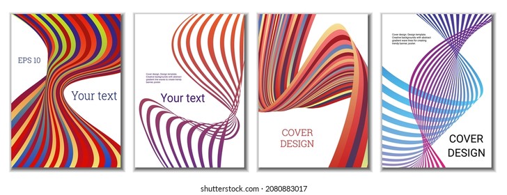 A set of 4 abstract covers. Wavy parallel gradient lines, ribbons evolve. Cover design, background. Trendy banner, poster.