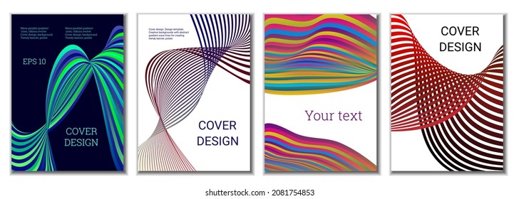 A set of 4 abstract covers. Wavy parallel gradient lines, ribbons evolve. Cover design, background. Trendy banner, poster.