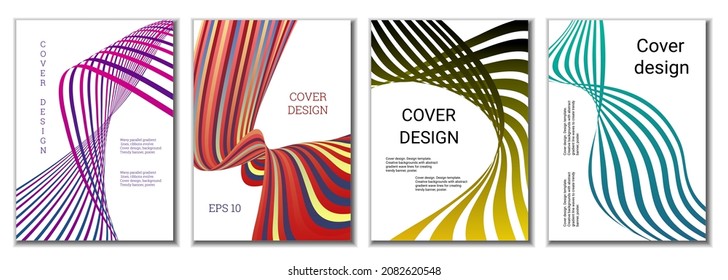 A set of 4 abstract covers. Wavy parallel gradient lines, ribbons evolve. Cover design, background. Trendy banner, poster.