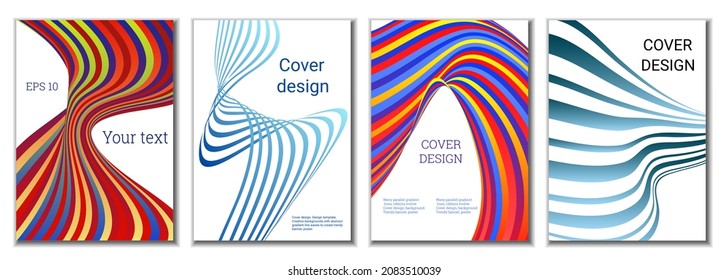 A set of 4 abstract covers. Wavy parallel gradient lines, ribbons evolve. Cover design, background. Trendy banner, poster.