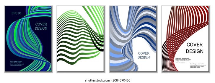 A set of 4 abstract covers. Wavy parallel gradient lines, ribbons evolve. Cover design, background. Trendy banner, poster.
