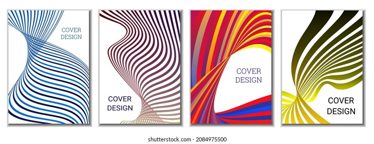 A set of 4 abstract covers. Wavy parallel gradient lines, ribbons evolve. Cover design, background. Trendy banner, poster.