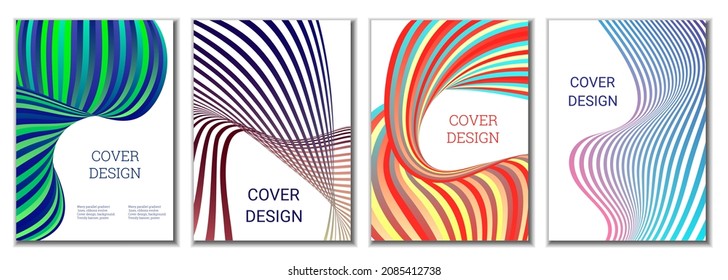 A set of 4 abstract covers. Wavy parallel gradient lines, ribbons evolve. Cover design, background. Trendy banner, poster.