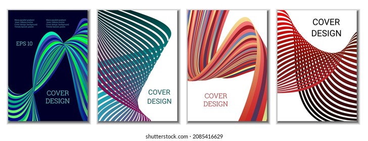 A set of 4 abstract covers. Wavy parallel gradient lines, ribbons evolve. Cover design, background. Trendy banner, poster.